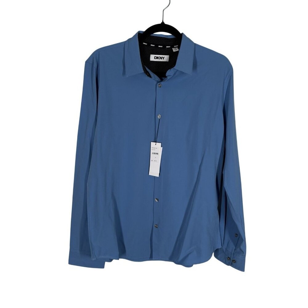 DKNY Men SZ M Bright Blue Long Sleeve Button Up UPF 30 Stretch Shirt NWT